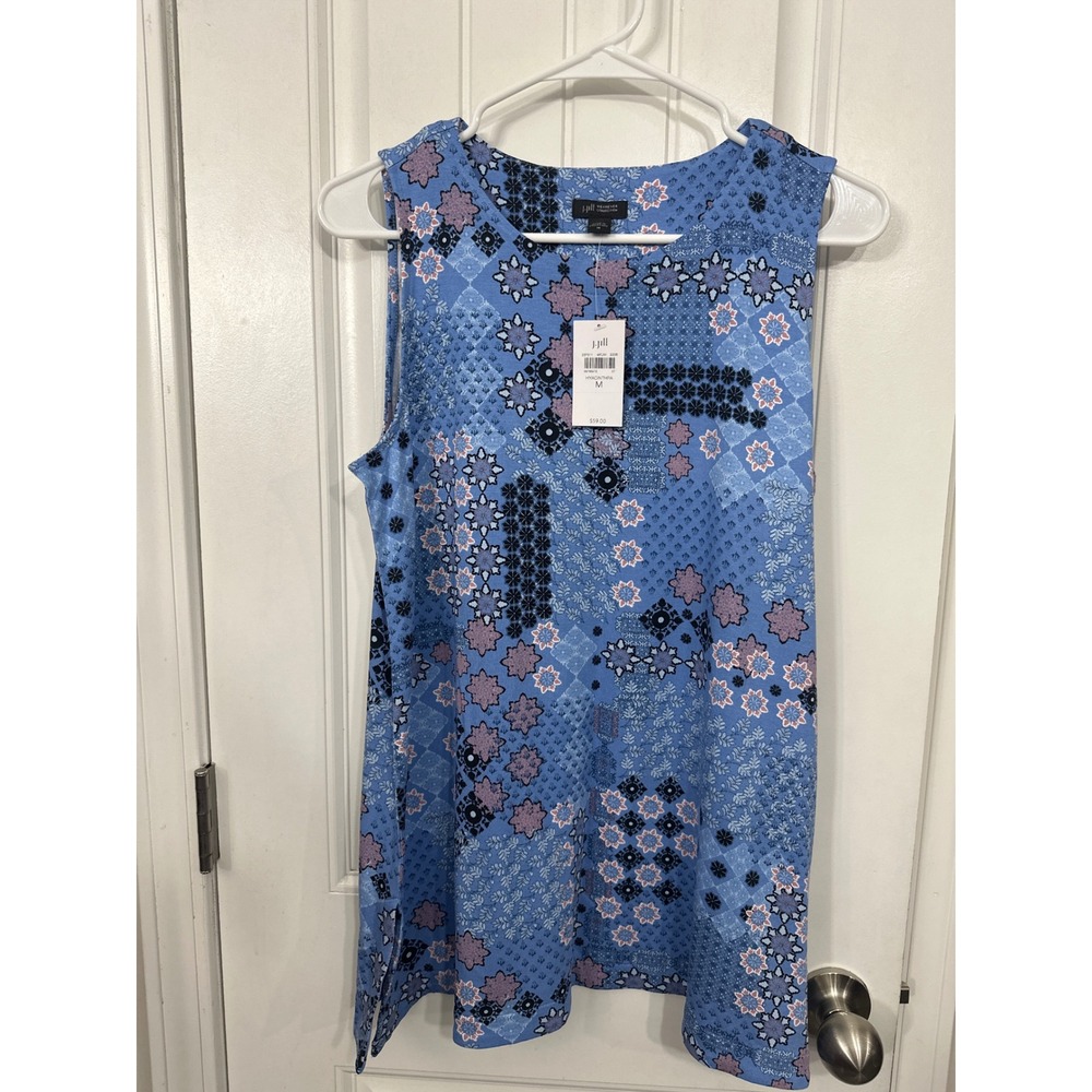 J. Jill Wearever Hyacinth Patchwork Sleeveless Tunic Top Blue Floral Medallion M